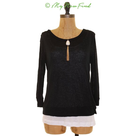 Olivia Moon Double Layer Top XS Long Sleeve Striped Black Ivory NEW Tag B74 - Picture 1 of 3